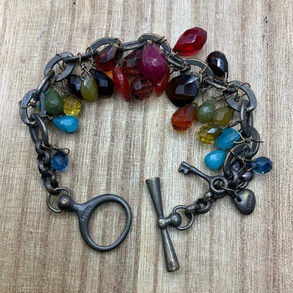 Fossil Colorful Faceted Beaded Distressed Link Toggle Bracelet - Picture 2 of 4